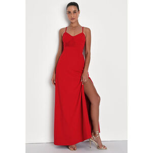 Lulus Alluring Inspiration Red Pleated Sleeveless Bustier Maxi Dress - Size S